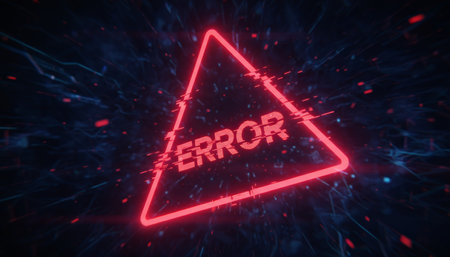 Red neon error warning sign appearing with a digital glitch effect, highlighting technical issues, system failure, cyber security risks, and software malfunction on a dark, abstract data backgroundの素材