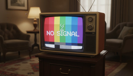 Vintage television displaying a colorful test pattern with no signal text, representing technical issues and communication breakdown for a classic broadcast experienceの素材