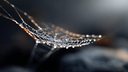 Spiderweb glittering with countless dew drops at dawn, intricate network of translucent threads creating a delicate, glistening pattern against a soft bokeh backgroundの素材