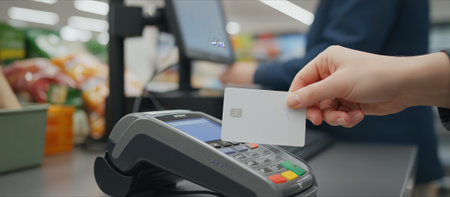 Customer hand holding white credit card tapping a contactless payment terminal at a modern retail checkout, completing a fast, secure cashless transaction in store retail environmentの素材