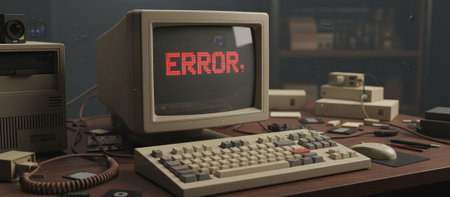 Vintage personal computer system experiencing a technical issue, showing red error text on the pixelated monitor screen, with a keyboard, mouse, and other retro peripherals on a wooden deskの素材