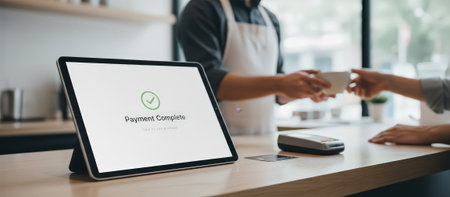 Customer purchasing coffee with a successful digital payment displayed on a tablet, a barista handing over the drink, emphasizing modern retail transactions and convenienceの素材