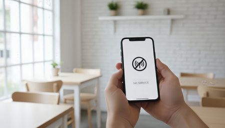 Person is holding a modern mobile phone displaying a no service message and a crossed out signal icon, illustrating communication issues or a dropped network connectionの素材