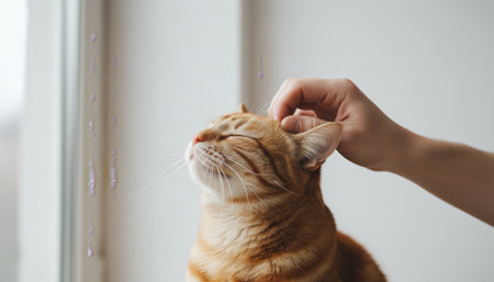 Ginger cat with closed eyes looking up, receiving affectionate head scratches from a human hand, conveying a strong sense of comfort, relaxation, and owner pet bondingの素材