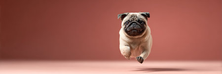 Pug dog leaping and bounding through the air on a plain backdrop, capturing energy, happiness, and playful movement of a beloved pet in a studio settingの素材