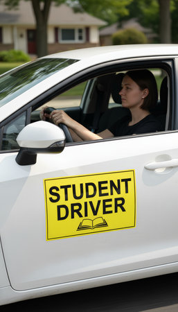 Young woman actively steering a car, gaining experience as a student driver with a bright yellow warning sign prominently displayed on the vehicles door in a residential settingの素材