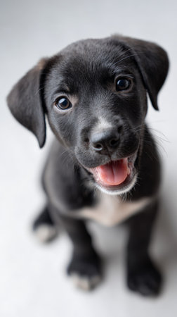 Black puppy sitting, facing viewer, and looking directly at the camera with a happy, open mouth and slightly tilted head, conveying innocence and loyaltyの素材
