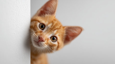 Ginger kitten curiously looking from behind a white wall, its head tilted, brown eyes wide and attentively observing, expressing innocence and playfulnessの素材