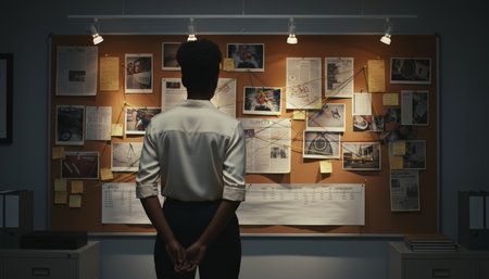 Detective stands in front of a cork board displaying various pieces of evidence, newspaper clippings, and connected information with red threads, investigating a complex crime caseの素材