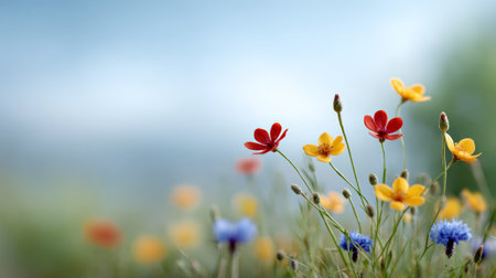 Colorful wildflowersred, yellow and bluedot a lush green meadow under clear daylight, creating a vibrant, serene natural background perfect for spring and summer themesの素材