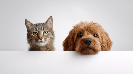 Brown tabby cat and fluffy brown dog peek over a blank white banner, looking at the camera with playful, curious expressions and ample copy space for text or brandingの素材
