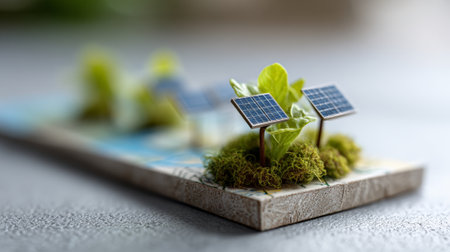 Miniature solar panels stand among green plants and moss on a small platform, illustrating the environmental concept of clean, renewable energy and sustainable developmentの素材