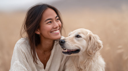 Woman and her golden retriever looking together into the distance, finding pure joy and companionship while spending time outdoors amidst a natural, blurred backgroundの素材