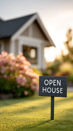 Open house sign showing a wooden texture standing prominently in the lush green lawn, indicating a property for sale or viewing, with a modern residential house softly blurred in the backgroundの素材