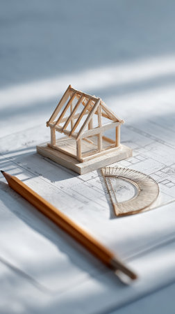Wooden house model standing on architectural blueprints with a pencil and protractor, representing home planning, real estate development, and construction designの素材