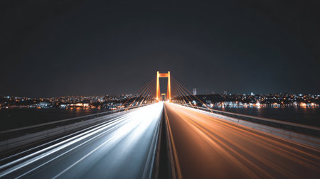 Bridge illuminated at night, showing long exposure light trails of vehicles moving swiftly across the structure, with a glowing cityscape and water body along the horizonの素材