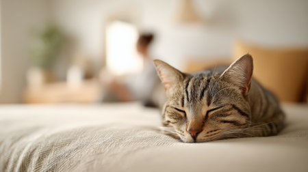 Cute domestic tabby cat sleeping on a textured bedspread, displaying a moment of relaxation and comfort within a home environment, with blurred elements in the background suggesting human presenceの素材