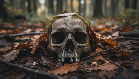 Human skull on a bed of decaying autumn leaves and branches in a dark forest, evoking death, decay, unsolved crime, macabre mystery, and eerie solitudeの素材