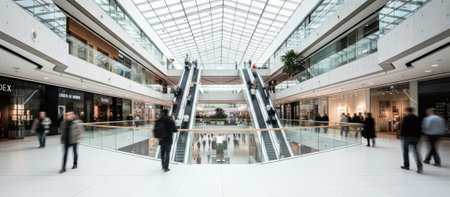 People moving through a bright, spacious, and contemporary shopping mall showcasing multiple levels, escalators, and various storefronts, representing consumerism and retail activityの素材