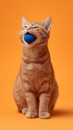 Ginger tabby cat sitting on an orange background, clutching a small blue toy ball in its mouth, playful and focused during studio playtime, full body front view, adorable expressionの素材