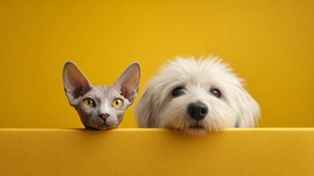 Sphynx cat and cute fluffy maltese dog peeking playfully over a bright yellow textured surface, showing a unique animal friendship and pet companionship with ample copy spaceの素材