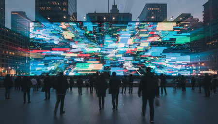 City pedestrians viewing a massive public digital display exhibiting colorful glitch art and technical issues, reflecting concepts of broken technology, cyber errors, and abstract informationの素材