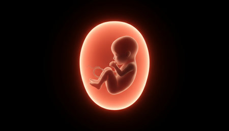 Human fetus developing inside a transparent, glowing womb, illustrating the delicate stages of pregnancy and the miracle of life, highlighting concepts of reproductive health and medical scienceの素材