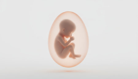 Human baby or embryo in early stages of development encapsuled within a transparent, ovum like structure symbolizing pregnancy, fertility, and new life conceptsの素材
