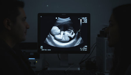 Expecting couple watches detailed sonogram on clinic monitor, sharing an emotional moment of hope and togetherness as they anticipate new life and parenthoodの素材