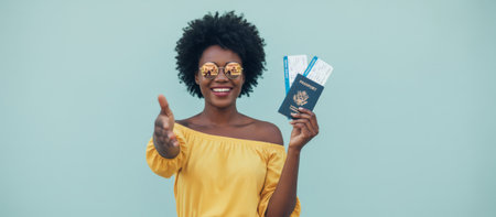 Smiling young black woman offering her hand in welcome, holding a passport and airplane boarding passes, ready for international travel adventures and global tourismの素材