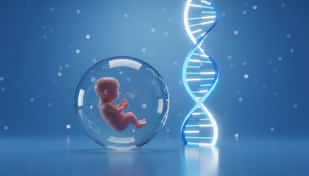 Fetus developing in an artificial womb next to a glowing dna helix, representing advancements in genetic engineering, ivf, and human reproductive technologyの素材