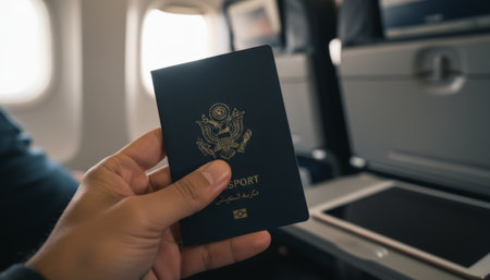 Travelers hand holding a blue united states passport inside an airplane cabin, preparing for an international flight and global journey to a vacation destinationの素材