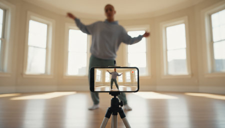 Dancer filming performance with smartphone on a tripod, creating digital content for online platforms and sharing artistic expression in a brightly lit roomの素材