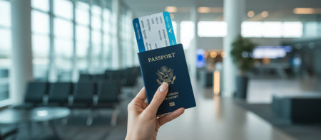 Travelers hand holding a passport with a boarding pass tucked inside at a modern airport terminal, ready for departure and symbolizing international travel and journey preparationの素材