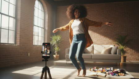 Content creator live streaming a choreography tutorial from a bright loft apartment, dancing joyfully in front of a smartphone on a tripod, casual modern home settingの素材