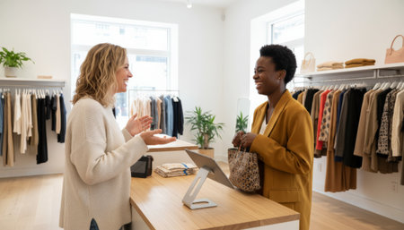Two women, a sales assistant engaging with a satisfied customer holding a shopping bag, enjoying a pleasant conversation at the checkout counter in a modern clothing boutiqueの素材