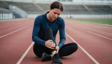 Female runner sitting on a stadium track, clutching her injured ankle in pain after a sports related injury, feeling discomfort during her training sessionの素材
