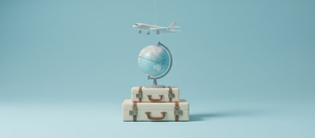 Stacked luggage and a world globe with an airplane flying above, depicting concepts of international travel, vacation planning, global tourism, and adventureの素材
