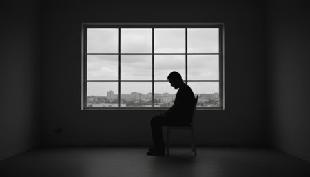 Man sitting on a chair with head down facing a city view through a large window, creating a silhouette and emphasizing feelings of despair, loneliness and mental health issuesの素材