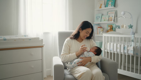 Young asian mother smiling and bottle feeding her newborn infant while sitting in a comfortable rocking chair, creating a peaceful scene of nurturing and bonding in a bright nurseryの素材