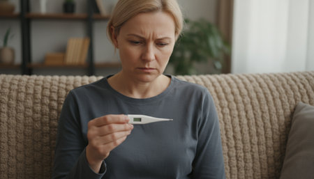 Middle aged woman on a sofa at home, grimacing while checking a digital thermometer showing a fever, worried and fatigued from illness and self isolation careの素材