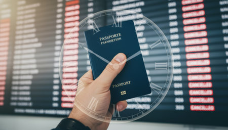 Persons hand holding a passport with an overlay of a clock, symbolizing travel delays and waiting time at a crowded airport with a departures board showing many canceled flightsの素材
