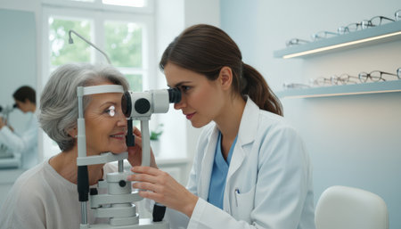 Optometrist performing a vision test on a smiling senior woman using specialized equipment in a modern clinic, focusing on eye health and medical careの素材