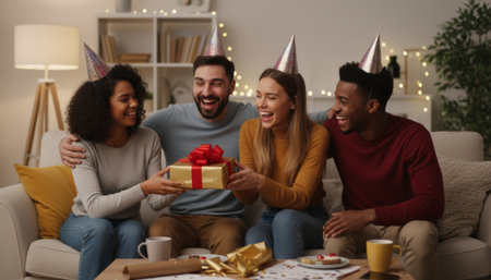 Diverse group of young adult friends wearing party hats and smiling broadly while exchanging a festively wrapped gift, celebrating a special occasion together in a cozy living roomの素材