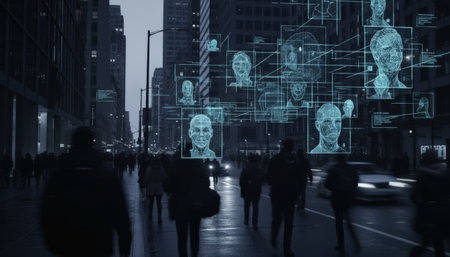 Facial recognition technology scanning individuals in a busy urban environment, showing personal data and wireframe faces over a crowd of pedestrians on a city streetの素材