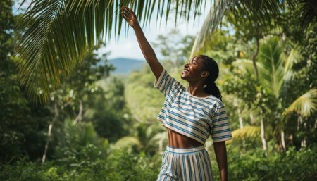 Young black woman smiling with arm raised to touch palm fronds, enjoying a sunny tropical jungle getaway, relaxed and carefree amid vibrant green foliage and blue skyの素材
