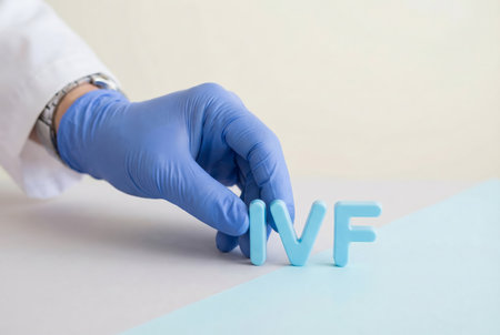 Doctors hand wearing a blue medical glove arranging the blue ivf letters on a bicolored surface, symbolizing in vitro fertilization and reproductive medicineの素材