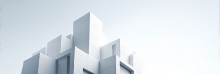 White modern minimalist building facade featuring abstract geometric shapes and linear patterns against a bright sky, symbolizing future construction and clean designの素材