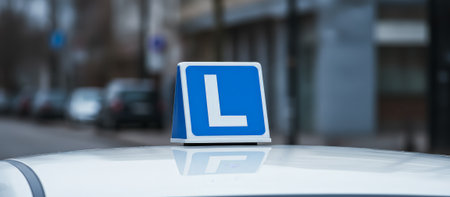 L plate sign mounted on a driving school car roof, symbolizing learner drivers gaining experience and confidence on urban streets during lessons toward a license and independenceの素材