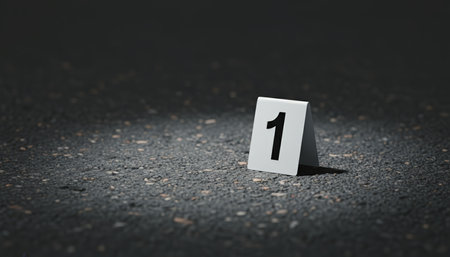 Numbered marker on dark asphalt identifying a piece of evidence at an outdoor crime scene, representing investigation, forensic science, and law enforcement workの素材